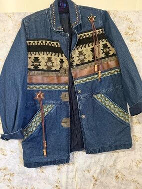 Vintage Jean Jacket Denim 220 Hickory Southwestern Aztec Boho Women’s